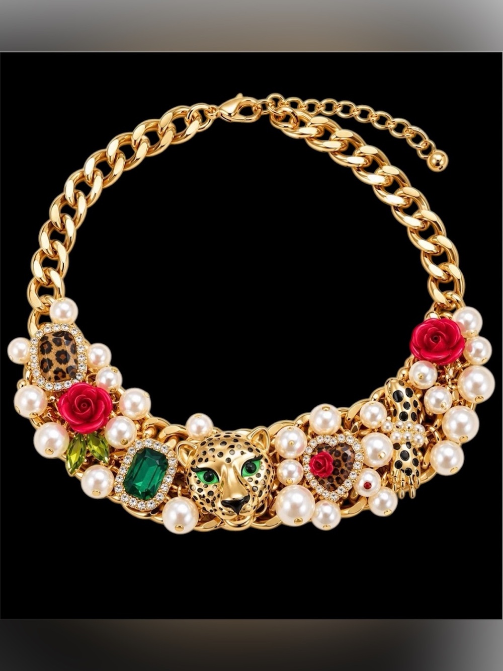 Gold Statement Necklace with Leopard Motif and Red Rose Accents